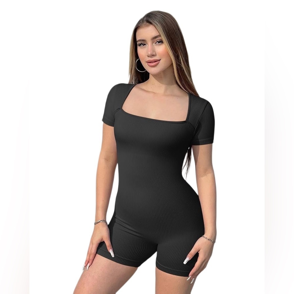 OQQ Ribbed Square Neck Short Sleeve Romper in Black